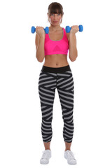 Fototapeta na wymiar Kraft Power stark Fitness Frau beim Sport Bizeps Workout mit Han