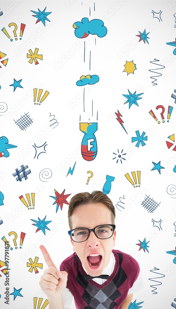 Poster composite image of angry geeky hipster pointing at camera