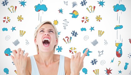 Composite image of upset woman screaming with hands up 