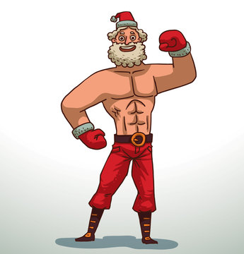 Vector cartoon image of strong Santa Claus with a white beard and mustache in red pants, gloves and hat, brown boots smiling on a light background.