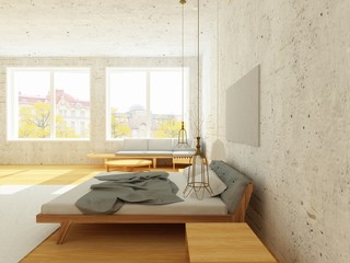 Modern bedroom in Scandinavian style in sunlight with hardwood floor and vintage stucco and brick walls