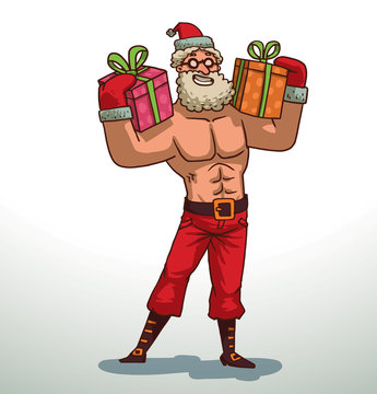 Vector cartoon image of strong Santa Claus with a white beard and mustache in glasses in red pants, gloves and hat, brown boots with pink and orange gifts in his hands on a light background.