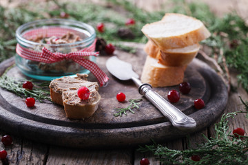 Liver pate with cranberries .Appetizer for Christmas.selective focus. 
