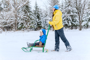 Mother walks with the son in the winter. She carries it on a sled through the snow