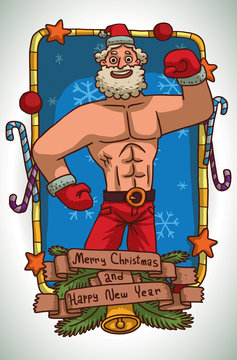 Christmas card with yellow-blue frame with candies, stars, balls, green spruce branches, bell and banner with cartoon image of strong Santa Claus smiling in the center on a light background.