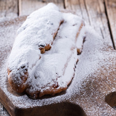 Dresdner stollen is a traditional German cake with raisins.Christmas treat.selective focus