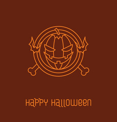 Vector image of round emblem with bats, bones and pumpkin at the center in the outline style on a deep orange background. In the theme of Halloween.
