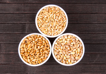 Зерна пшеницы, овсянки и перловки в круглых плошках