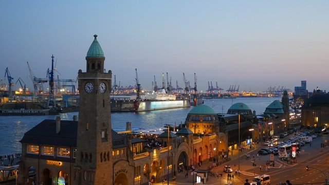 View of the Hamburg harbour after sunset, Germany