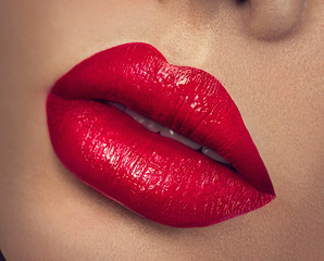 Sexy lips. Beauty red lips makeup closeup