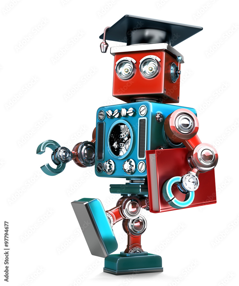Poster graduating robot in grad hat with book. isolated. contains clipping path