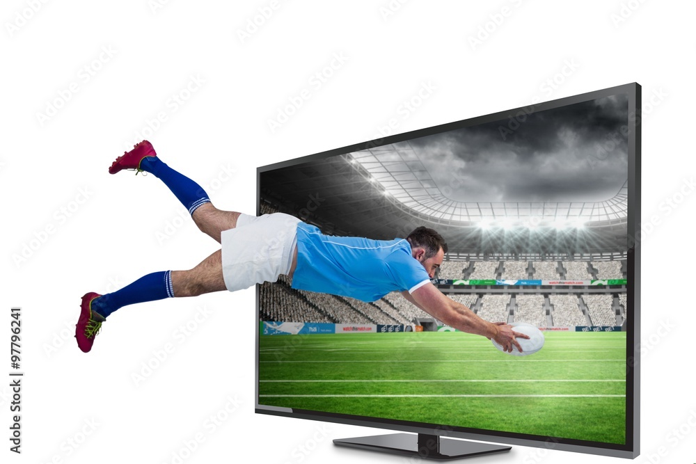 Poster composite image of rugby player scoring a try