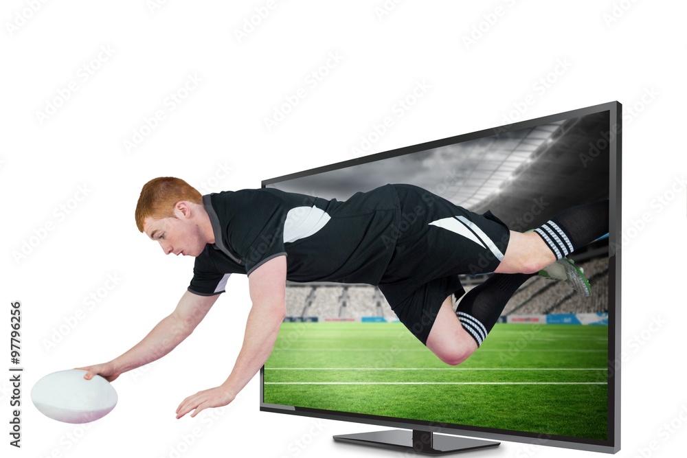Poster composite image of a rugby player scoring a try