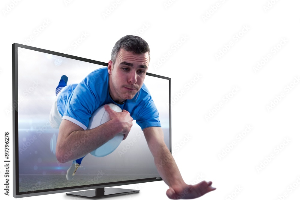 Poster composite image of a rugby player scoring a try