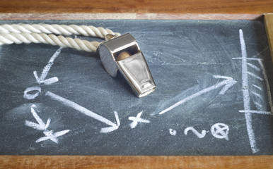 whistle of a soccer or football referee on black board with tact