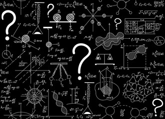 Scientific vector endless texture with chemical and physical figures, plots, formulas, equations and question marks. Physics seamless pattern. You can use any color of background