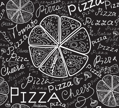 Food vector seamless pattern with pizza slices and words "Pizza", handwritten by chalk on grey board, vector