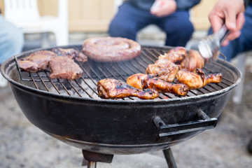 Close-up Of Meat Assortment On Hot BBQ Charcoal Grill