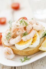 Sandwich with boiled egg and shrimps