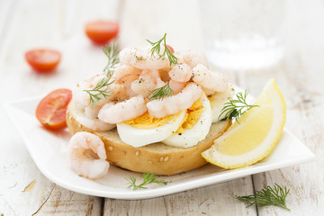 Sandwich with boiled egg and shrimps