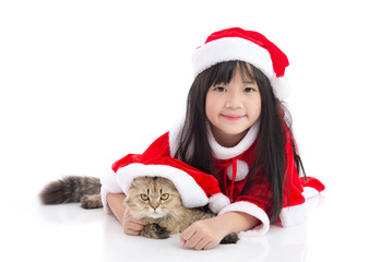 Beautiful asian girl lying on white background idolated,Christmas concept