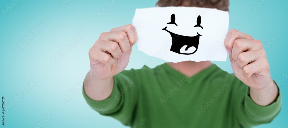 Poster composite image of man holding blank paper in front on face