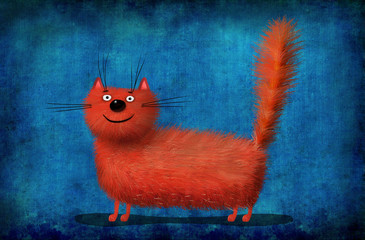 Red Fluffy Cat on Background Painted Linen