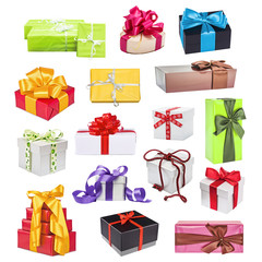 Collection set of multi-colored gifts cardboard boxes isolated on white background
