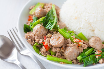 Asian food , Fried chinese broccoli with pork and meat ball