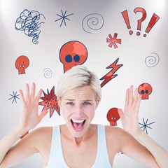 Composite image of angry blonde screaming with hands up 