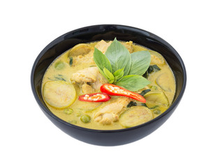 Thai chicken green curry isolated on white background