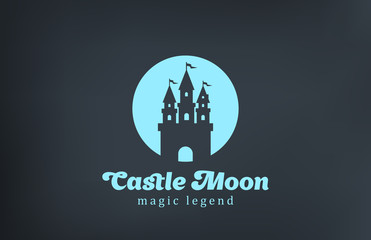 Vintage Fairy Castle silhouette on Moon Logo design vector.
