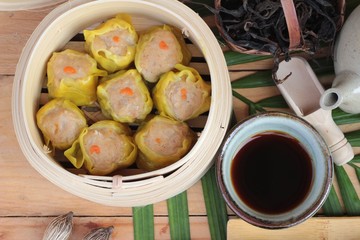 Chinese steamed dumpling and hot tea delicious.