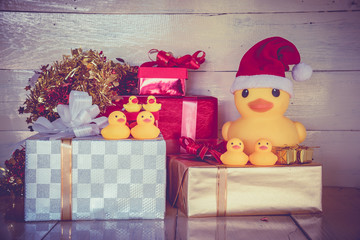 Christmas concept, rubber yellow duck wear  Santa clause hat