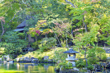 Fototapeta na wymiar Japanese stone lantern in an autumn garden with colorful trees and lake