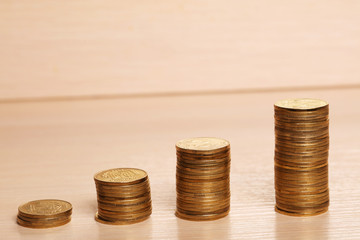 Coins are laid out on the table money growth