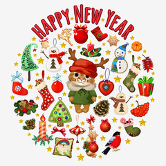 Big set of Christmas symbols with cat in the center