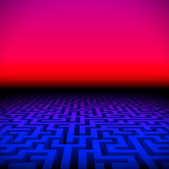 Retro gaming hipster neon landscape with labyrinth