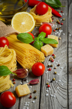 Pasta, vegetables, herbs and spices for Italian food