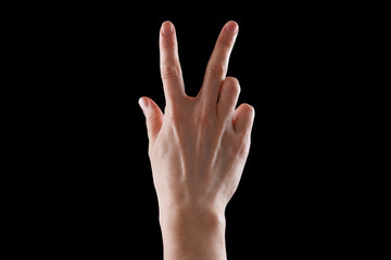 Gesture, young woman's hand indicates the direction or touch devices