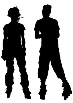 Silhouette of boy and girl on roller skates on white background