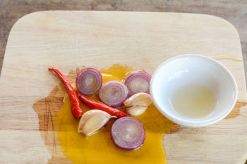 Cracked eggs on the wooden floor