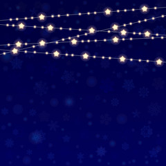 vector realistic lantern garland on dark night sky background with snowflakes