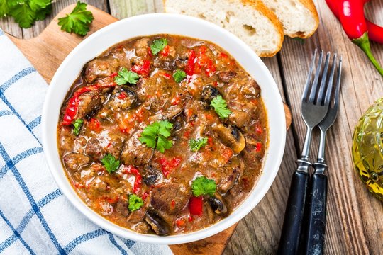 homemade beef stew with mushrooms and paprika