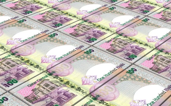 Qatar riyal bills stacks background. Computer generated 3D photo rendering.
