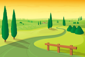 Vector illustration. Landscape hilly plain with road and trees in yellow-green colors