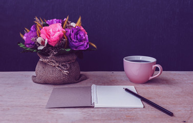 Table of writer, Notepad with pencil and flower, Vintage and dar