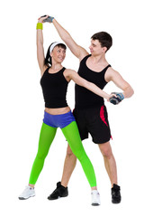 Aerobics fitness couple exercising isolated in full body.