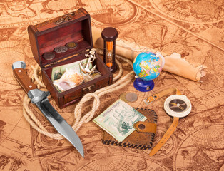 Old compass, treasure chest, knife