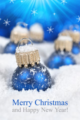 Fototapeta na wymiar Christmas decorations on defocused lights background. Merry Christmas Card.